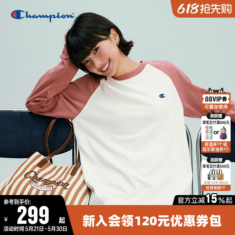Champion冠军T恤女2026春季新款情侣纯棉拼色休闲圆领长袖上衣男