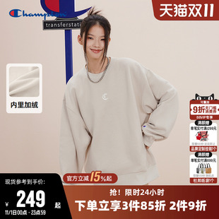 Champion冠军卫衣女冬季 情侣刺绣纯色休闲运动加绒圆领套头上衣男