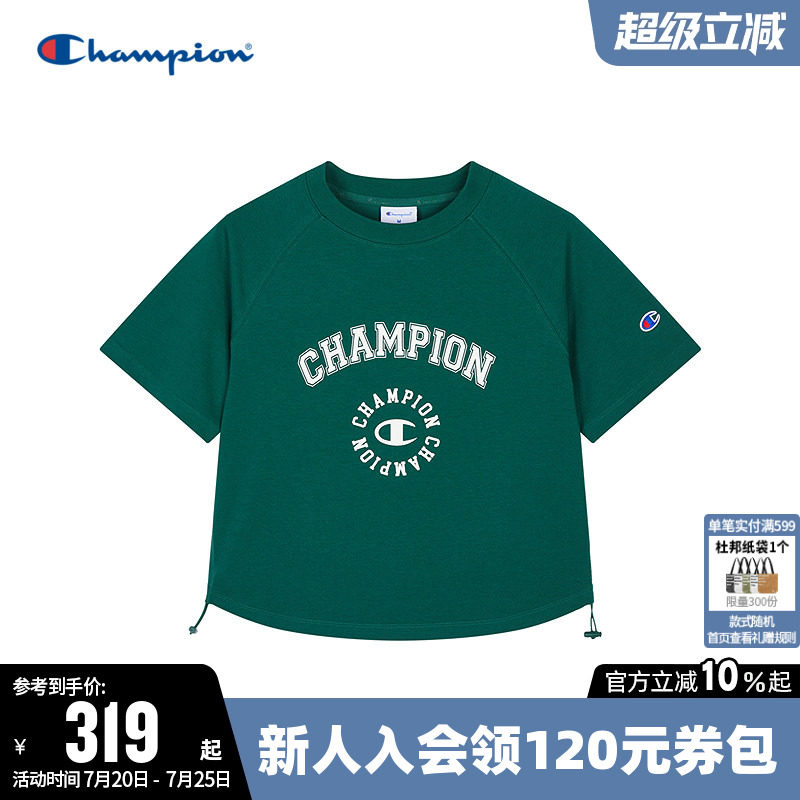 Champion冠军短款T恤女夏季印花logo插肩袖抽绳休闲圆领短袖上衣