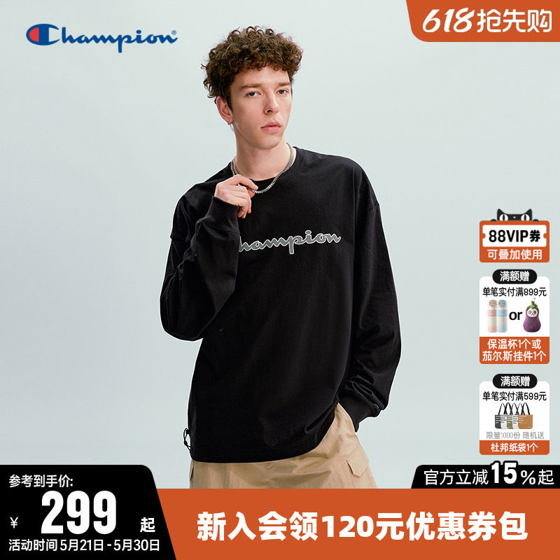 Champion冠军T恤女2026春季新款情侣纯棉休闲宽松圆领长袖上衣男
