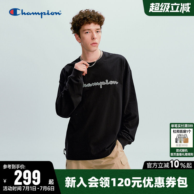 Champion冠军T恤女2026春季新款情侣纯棉休闲宽松圆领长袖上衣男