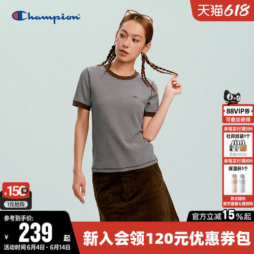 Champion冠军条纹圆领短袖T恤女