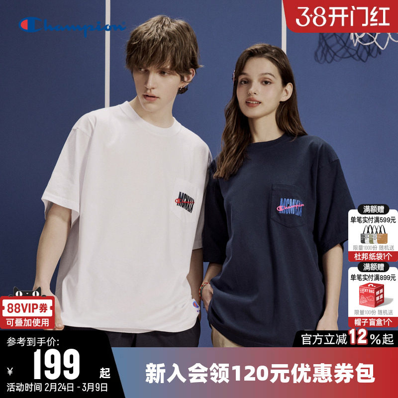 Champion冠军T恤女春季口袋刺绣纯棉情侣休闲运动圆领短袖上衣男