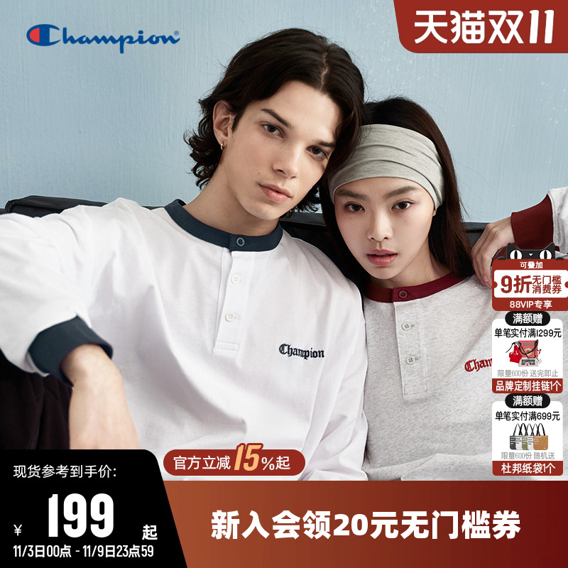 Champion冠军拼色圆领长袖T恤男