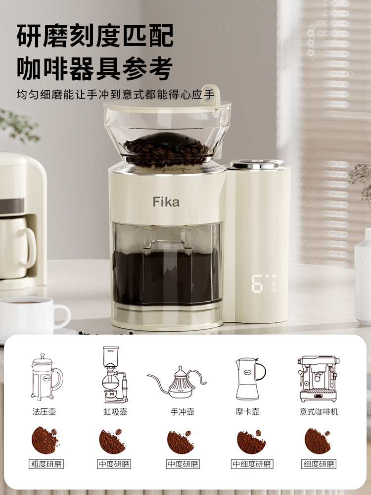 Fika/电动磨豆机咖啡豆研磨机家用便携全自动研磨内置电子秤