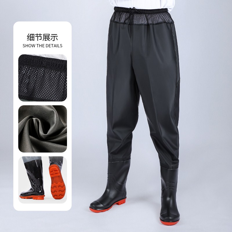 男士超轻加厚齐腰下水裤皮叉防水衣服雨裤带雨鞋水鞋连体半身抓鱼