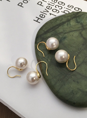 S925纯银镀金耳钩经典圆白色高跟鞋耳环炫彩大颗施家珍珠耳钉