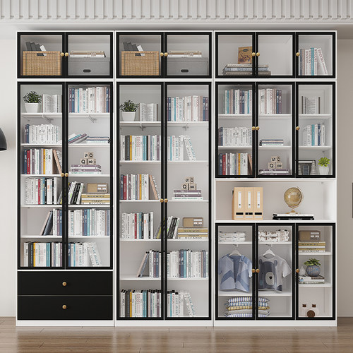 轻奢全钢制书柜钢化玻璃门展示柜落地通顶收纳柜客厅整墙可组合柜