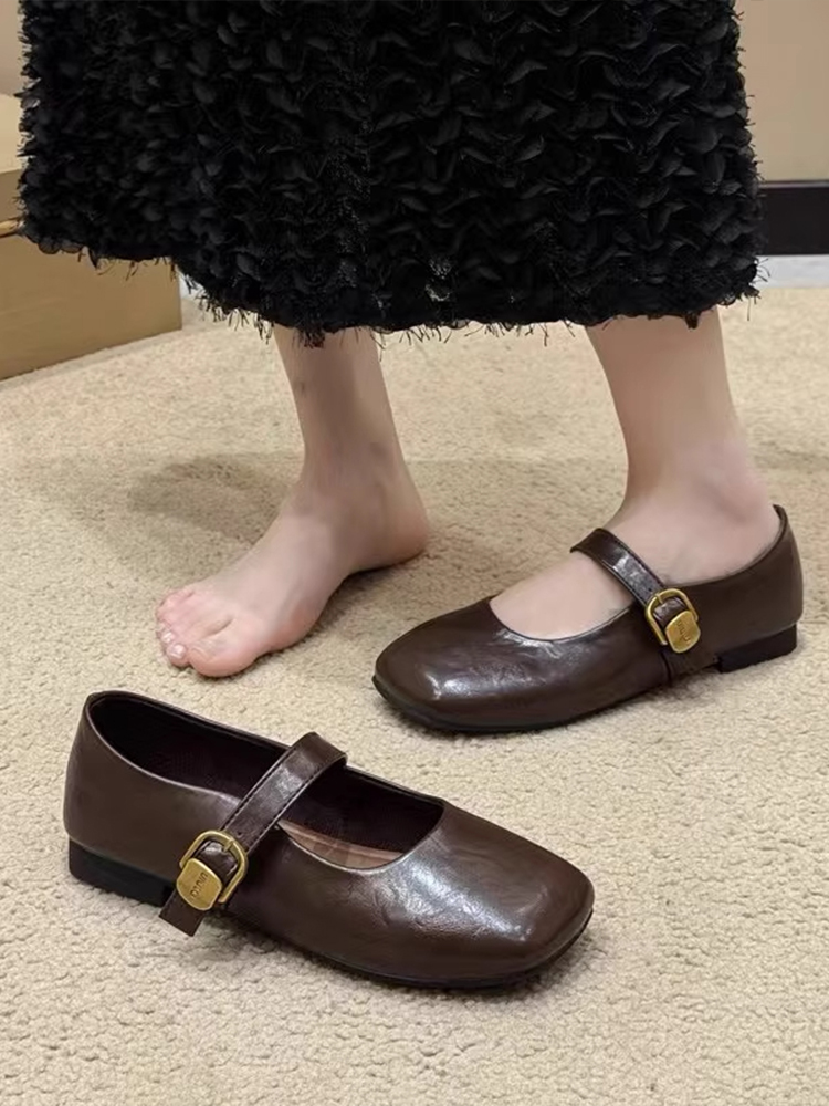 法式覆古真皮方头玛丽珍鞋女春秋新款百搭平底粗跟一字带浅口单鞋