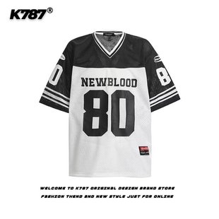 MAMMJUDX美式橄榄球运动短袖T恤男女潮牌宽松V领网眼速干球衣夏季