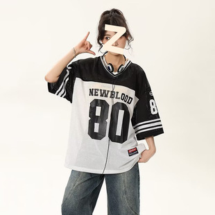 MAMMJUDX美式街头橄榄球服V领短袖男女网眼速干透气篮球T恤运动球