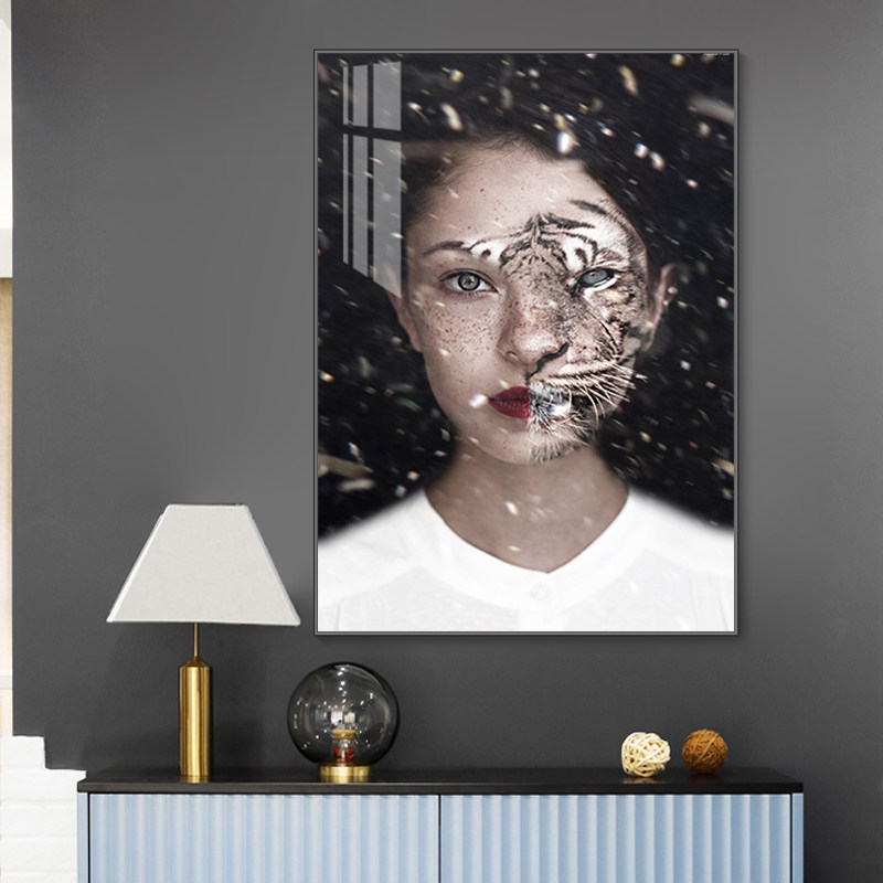 女人是老虎现代客厅装饰画个性艺术人物挂画样品房玄关动物晶瓷画
