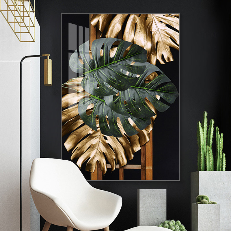 立体黄金龟背竹抽象招财植物挂画轻奢高档玄关装饰画客厅晶瓷画