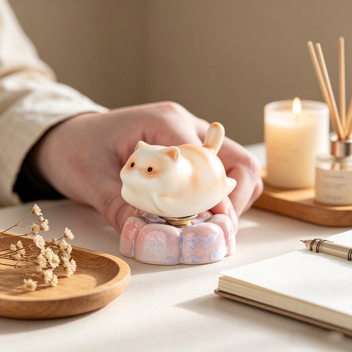 陶瓷转转猫摆件办公室桌面装饰品