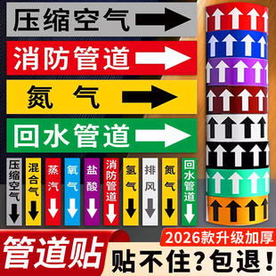 管道标识流向箭头标识贴介质流向色环标签贴纸压缩空气走向指示牌氮气体工业管路方向消防水管冷热气流提示牌