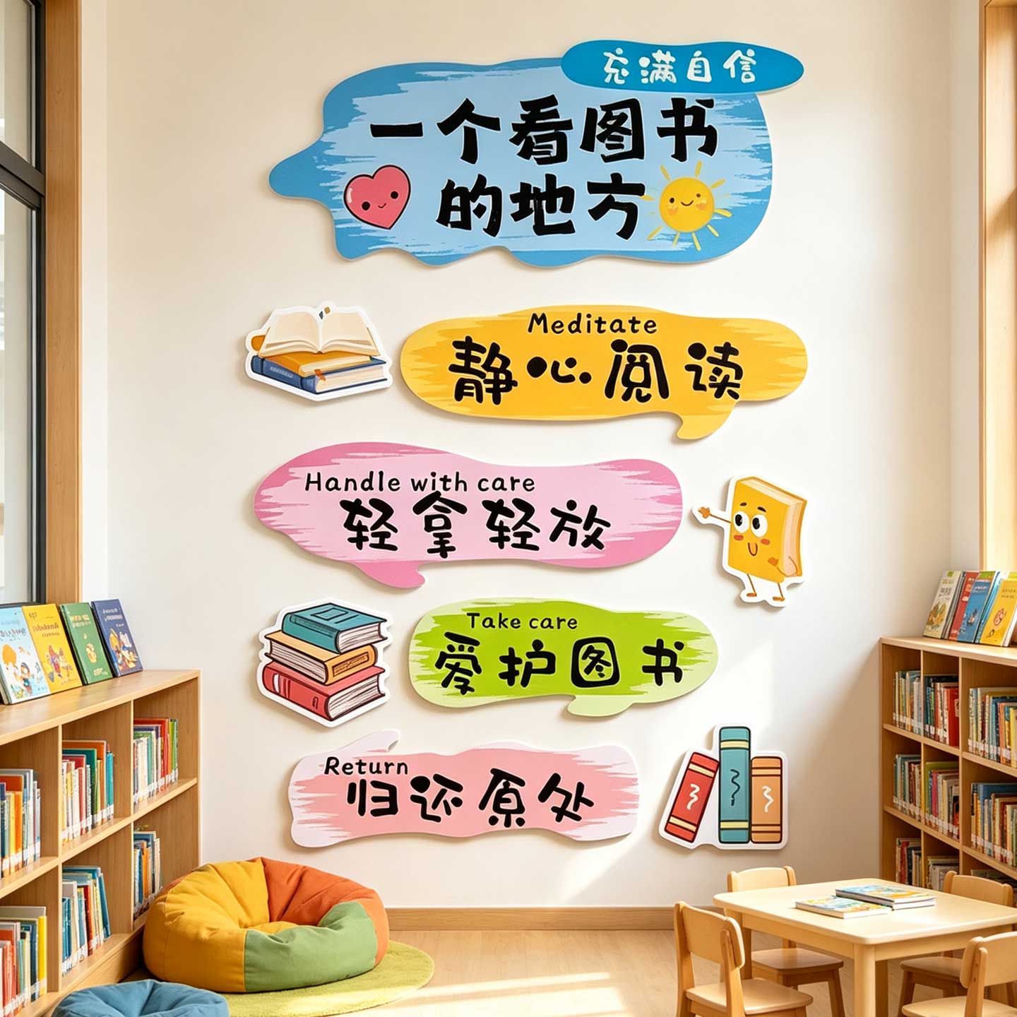 阅读区图书角布置装饰英文绘本馆幼儿园班级教室环创文化墙贴纸画