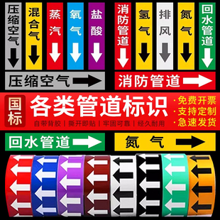 管道标识流向箭头标识贴介质流向色环标签贴纸压缩空气走向指示牌氮气体工业管路方向消防水管冷热气流提示牌