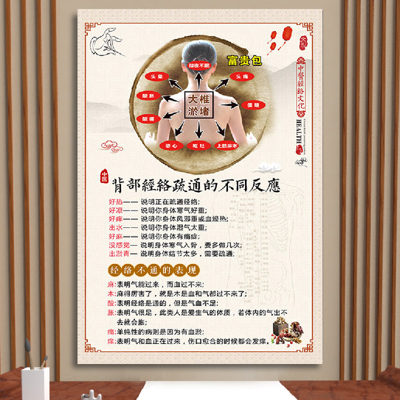 背部经络疏通的不同反应推拿拔罐刮痧十二时辰中医养生挂图海报设计
