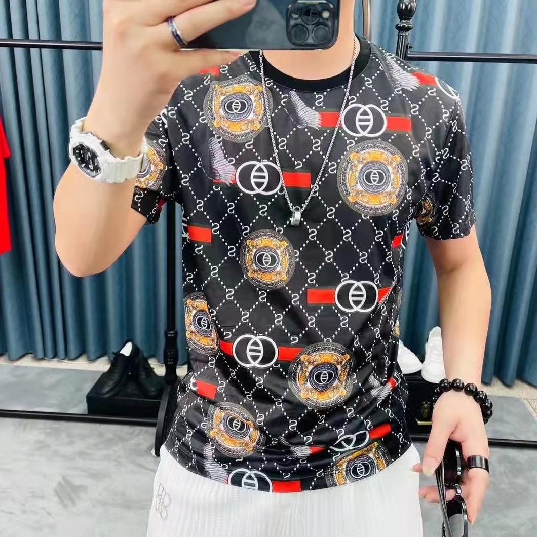 【潮流时尚】夏季韩版冰丝数码印花短袖柔软舒服精神小伙潮男圆领