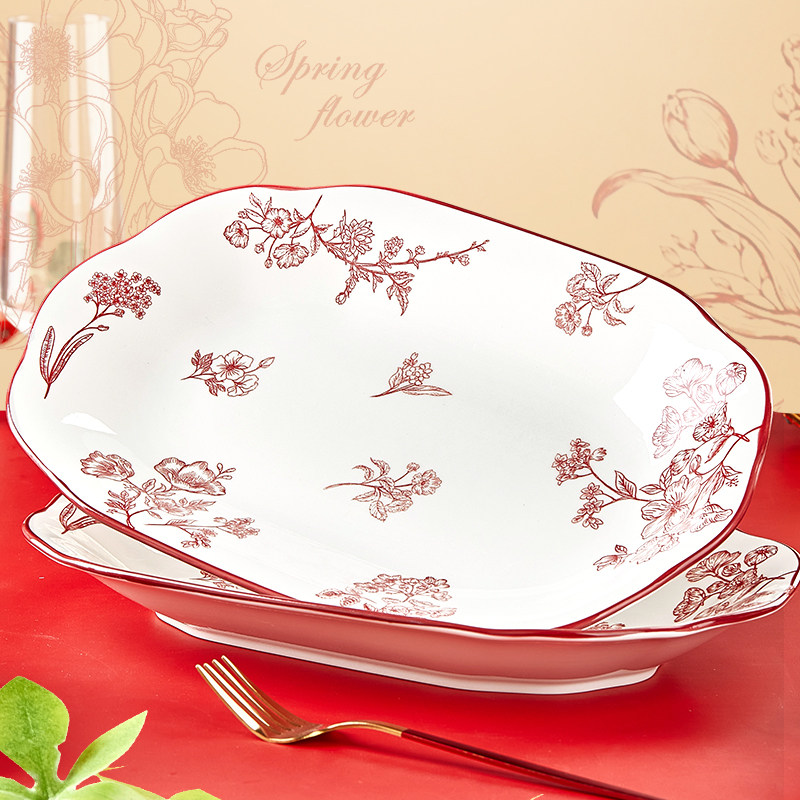 陶瓷鱼盘2025新款家用高颜值喜庆红色蒸鱼盘烤鱼大号装鱼盘长方盘,餐饮具,盘,淘宝优惠券,粉丝福利购,淘宝优惠卷