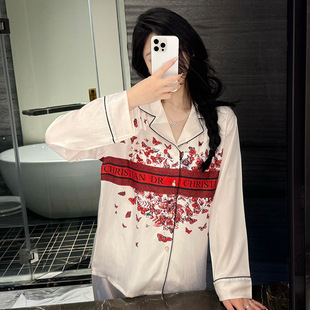 感轻奢女款 家居服2025新款 春秋季 红色蝴蝶绝美冰丝睡衣套装
