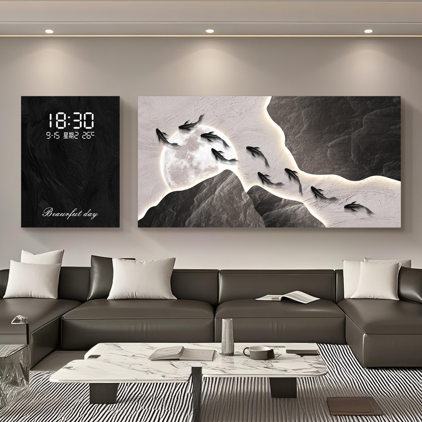 黑白灰客厅装饰画轻奢九鱼图沙发背景墙挂画高级感电子钟两联壁画