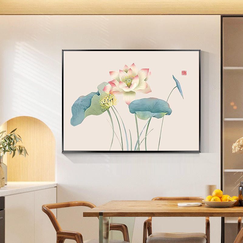 荷花餐厅装饰画吃饭厅餐桌背景墙壁画现代简约进门鞋柜上遮挡挂画图片