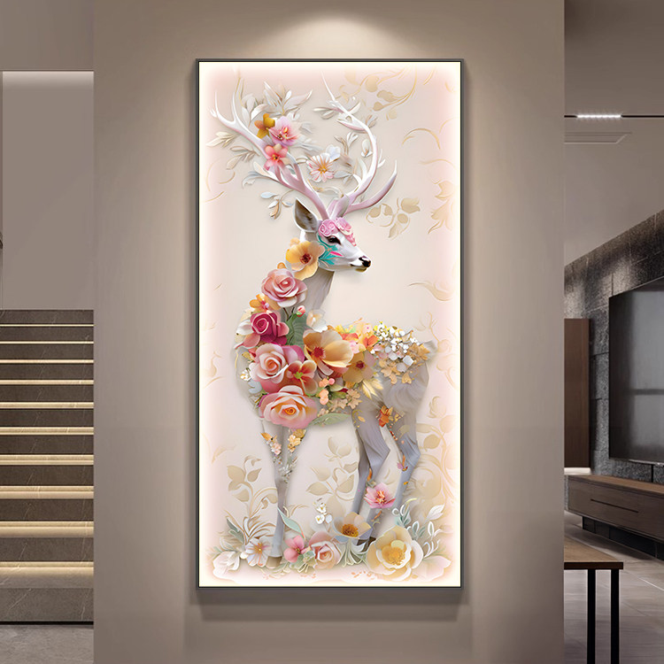 麋鹿入户玄关装饰画现代简约led灯走廊过道壁画高级客厅发光挂画
