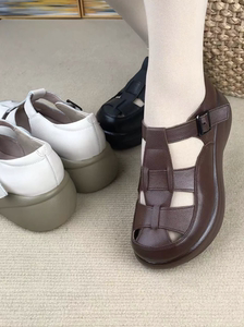 真皮百搭厚底妈妈鞋2023夏季新款时尚中老年女鞋复古镂空罗马凉鞋