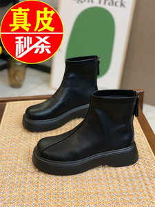 红啨蜓真皮马丁靴2023秋冬新款厚底加绒短靴小个子切尔西显瘦皮靴