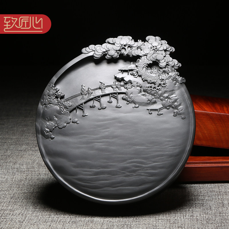 精品孤品名师作品歙砚眉纹砚石精手工雕刻砚台原石天然老坑龙尾砚收藏送礼佳品高档实用砚台配礼盒湖光山色