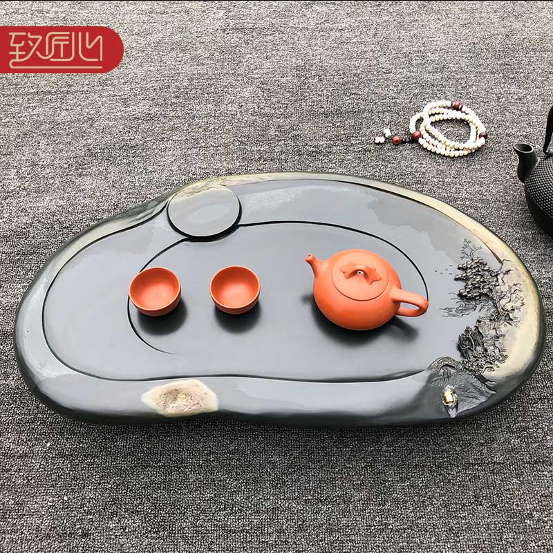 匠呈 匠人精手工茶盘精选天然金晕整块砚石歙砚龙尾山金皮金晕籽料原石精雕细琢茶盘排水茶海中大号精品