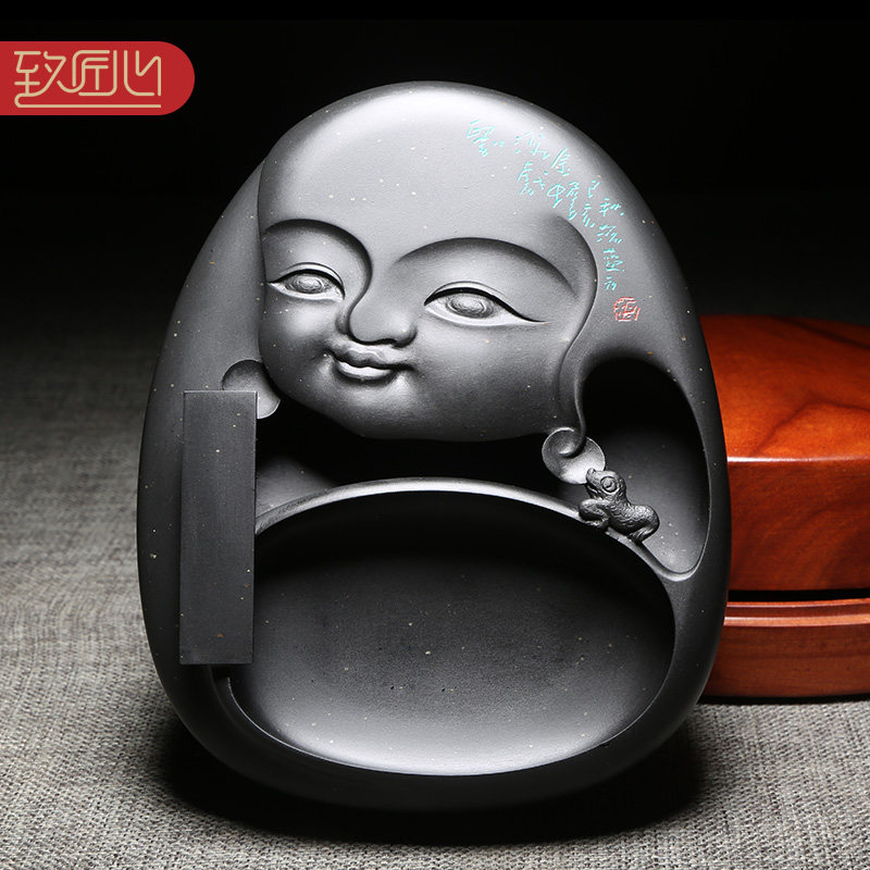 匠心非遗大师歙砚《刘海戏金蟾》天然原石手工雕刻龙尾金星砚台端砚四大名砚高档收藏送礼佳品文房四宝配木盒