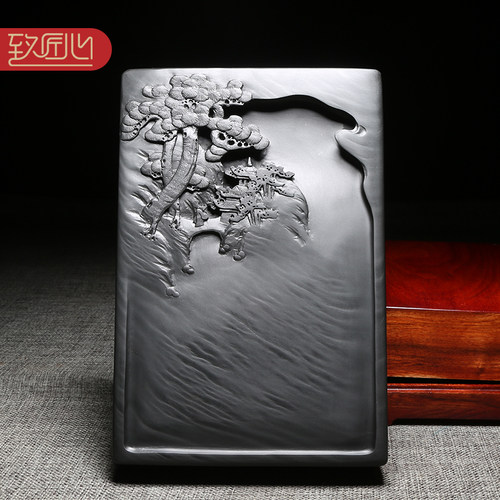 匠心非遗安徽名砚名家手工雕刻《湖山胜景》天然原石歙砚原石老坑眉纹长方书法国画创作磨墨磨墨自用砚台木盒 - 封面