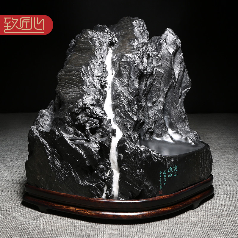 匠心设计意境天成歙砚名师创意作品《高山流水》天然白石英原石俏色巧雕雪景孤品砚台老坑黑龙尾石收藏送礼