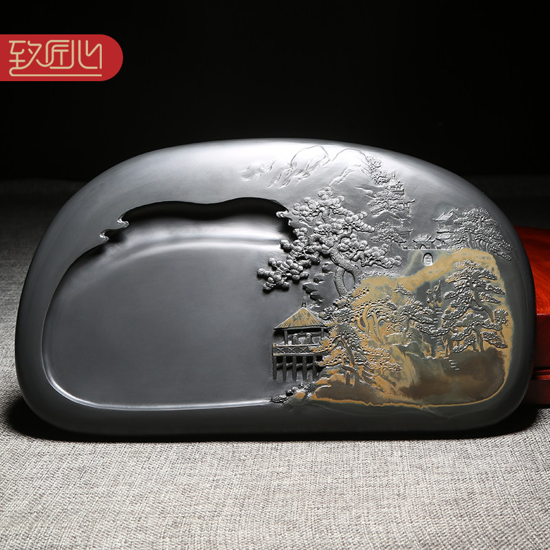 【名师名砚】匠心非遗大师制砚精手工江南秋韵俏色巧雕老坑金晕高档歙砚龙尾山原石文房四宝四大名砚书房摆件