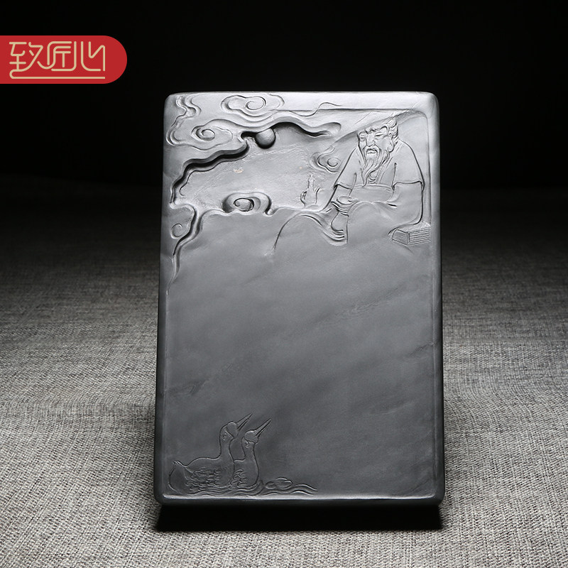 匠心非遗名师作品歙砚眉纹砚石手工雕刻砚台原石天然龙尾砚并肩端砚收藏礼品送礼佳品高档老坑砚台羲之爱鹅