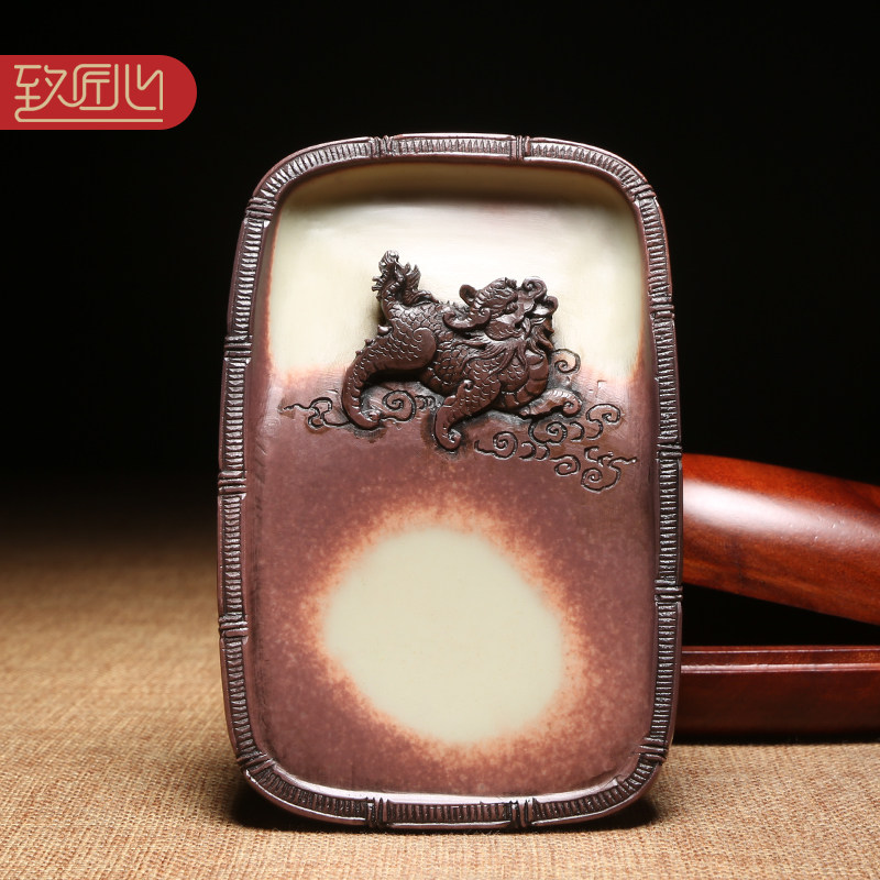 匠心非遗双面雕刻/传统砚形/大师手工雕刻歙砚技艺精选天然紫袍玉带原石仿古砚文房四宝收藏礼品老坑砚台典藏