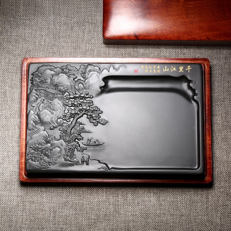 匠心非遗歙砚许亚祥大师作品 千里江山天然原石砚台老坑黑龙尾砚石精手工雕刻成型收藏石头砚台安徽歙砚 高档