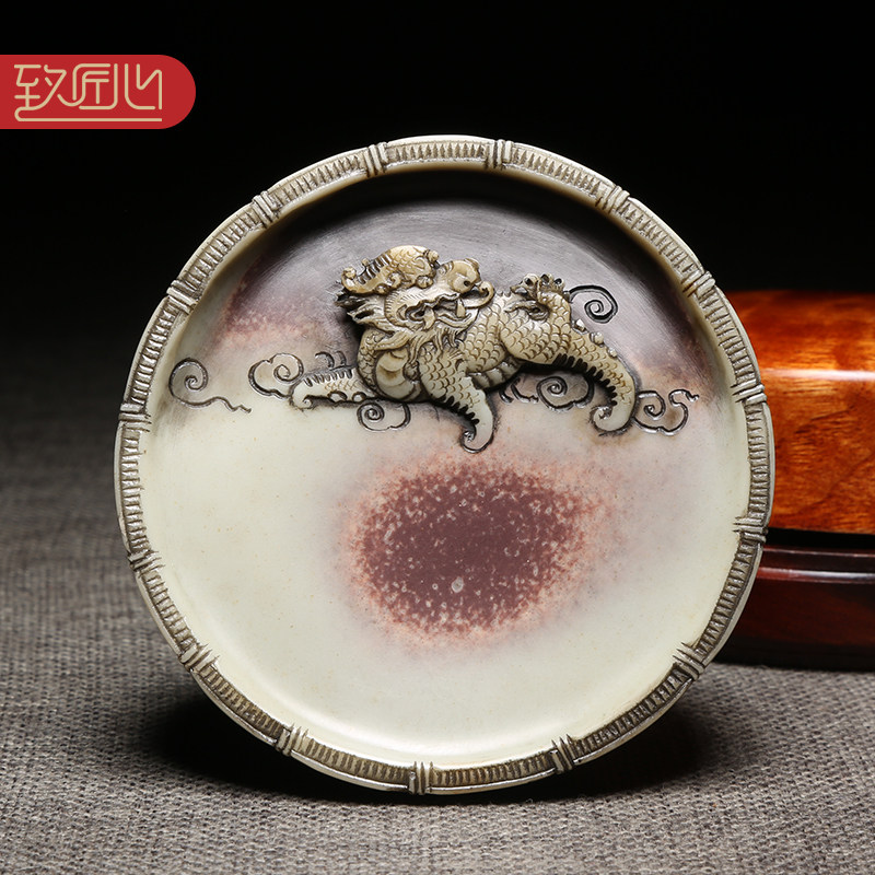 匠心非遗匠心制砚大师手工两面雕刻孤品歙砚技艺 /麒麟献瑞/天然原石紫袍玉带老坑歙砚工艺仿古礼品收藏砚台