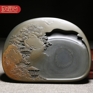 匠心非遗传人大师手工作品《溪山听泉》天然原石老坑金晕籽料歙砚 歙县高档砚台俏色巧雕山水优端砚收藏送礼