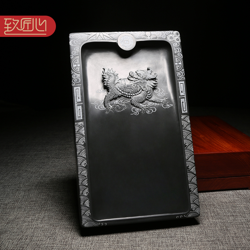 匠心非遗歙砚大师作品/龙龟献瑞/精手工仿古神兽题材籽料龙尾老坑砚台文房摆件送礼佳品收藏高档浮雕配木盒
