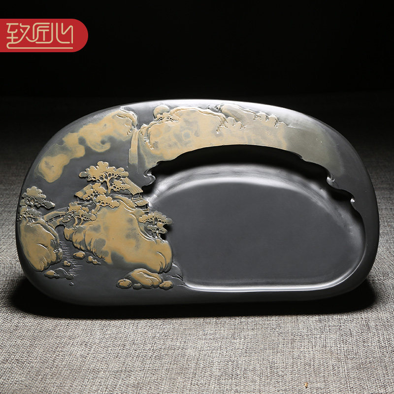匠心非物质文化遗产名师浮雕作品精手工雕刻天然龙尾山老坑金晕原石手工大师歙砚高档摆件砚台收藏旭日东升