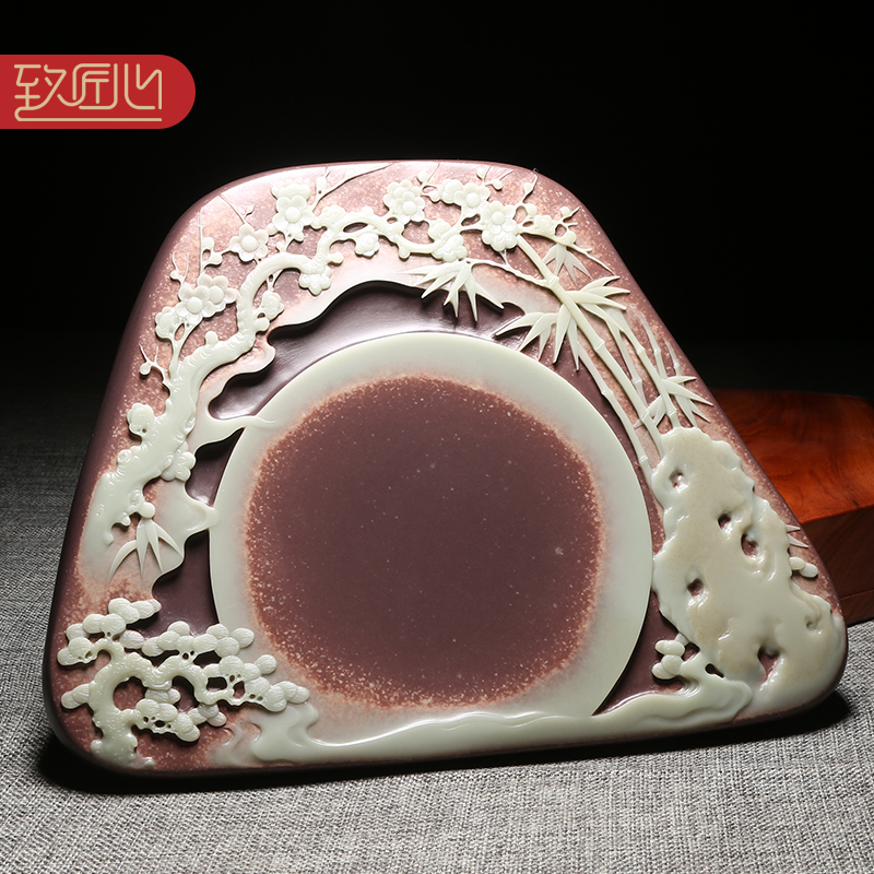 匠心非遗安徽歙砚名师作品/岁寒三友/手工雕刻天然原石紫袍玉带玉石砚紫袍高档砚台收藏送礼自用佳品大气实用