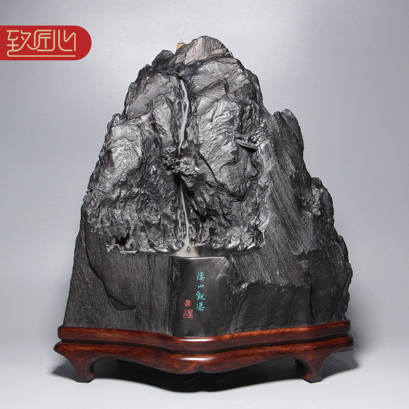 【名师名砚】歙砚工艺美术大师作品溪山观瀑立体老坑龙尾山籽料天然原石收藏送礼佳品大气高档次摆件倒流香插