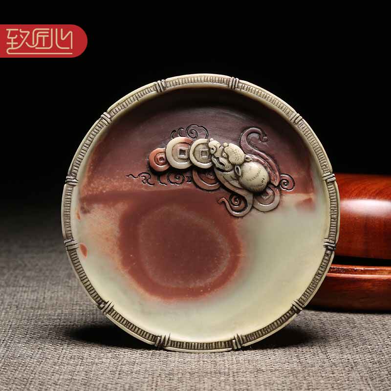 匠心非遗 双面雕刻/仿古砚形/大师手工雕刻歙砚技艺天然紫袍玉带原石高档经典砚台文房四宝收藏礼品老坑典藏