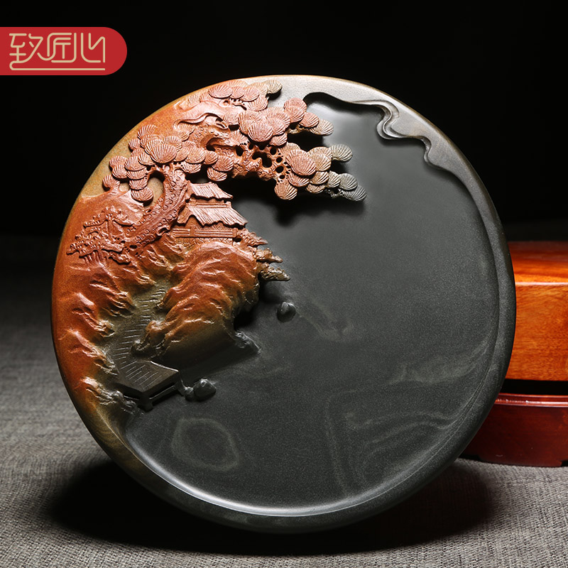 匠心非遗工艺美术师名师精手工浮雕作品精选歙砚老坑金晕籽料原石砚台四大名砚摆件送礼佳品收藏馈赠四大名砚