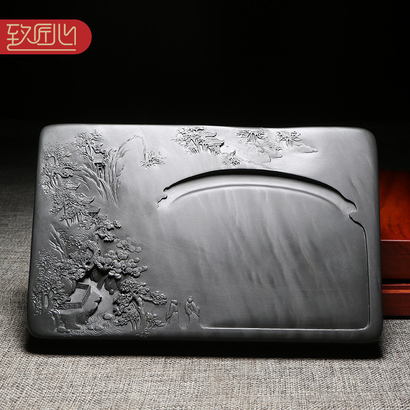 【孤品】名师砚雕工艺 许亚祥作品高档砚台收藏送礼佳品精手工雕刻天然原石砚台老坑眉纹长方四大名砚配木盒