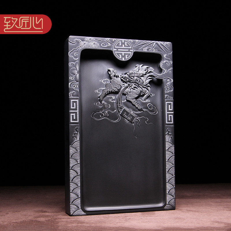 【名师名砚】匠心非遗传统大师歙砚精手工雕刻《麒麟呈祥》龙尾山老坑黑龙尾原石长方形高档砚台收藏礼品摆件
