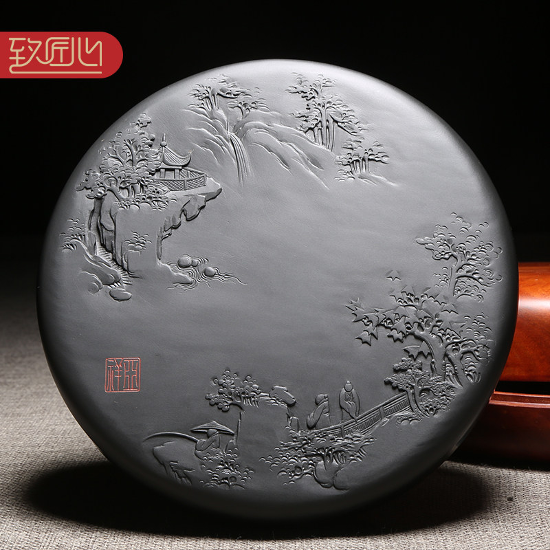 匠心非遗 歙砚名师手工雕刻《紫气东来》龙尾山老坑眉纹天然原石砚台安徽兼端砚高档摆件收藏送礼佳品配木盒